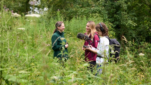 Podcast recording with Rangers at Harewoods and Outwood in the Surrey Hills, Surrey
